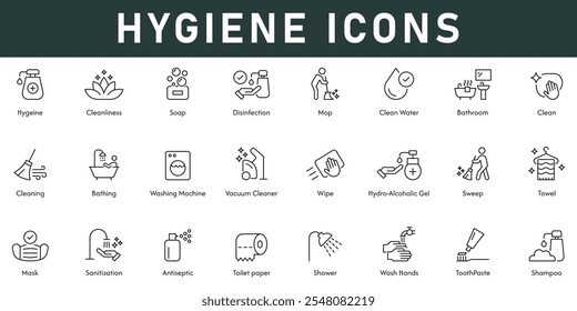 Hygiene Icons vector illustration with thin line editable stroke contains cleanliness disinfection MOP clean water bathroom clean vacuum cleaner sweep mask towel sanitization wash hands