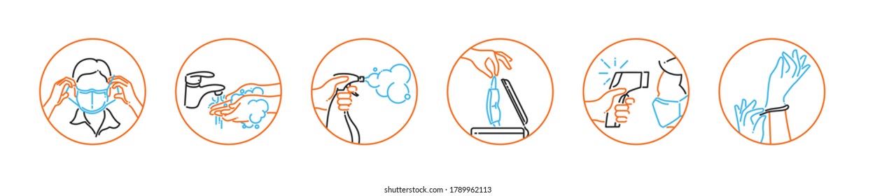 Instrucciones de higiene, lavado de manos, pulverizador de anitización, Máscara de cara, Máscara usada de basura, Guantes de mano, Temperatura del monitor, Ilustración del vector en forma de círculo, Ilustración de línea.