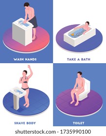 Iconos de concepto isométrico de higiene con símbolos de baño e inodoro ilustraciones vectoriales aisladas