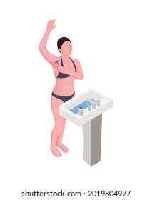 Hygiene isometric icon with woman shaving her armpit above sink 3d vector illustration