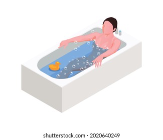 Hygiene isometric icon with woman taking bath with rubber duck 3d vector illustration