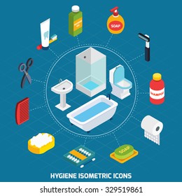 Hygiene isometric icons set  with bathroom equipment and  toiletries vector illustration