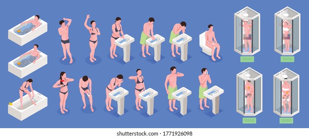 Hygiene isometric set with bathing and shaving symbols isolated vector illustration