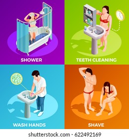 Hygiene isometric square compositions set with human characters washing hands taking shower shaving and brushing teeth vector illustration