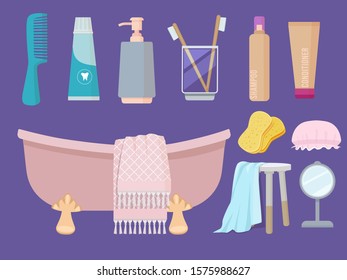 Hygiene items. Body care gel soap sink brush towel sponge paste bathroom cartoon collection