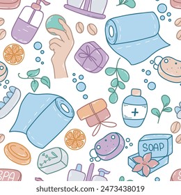Hygiene items colored drawing in sketch style seamless pattern. Jars with shampoo, shower gel, bar of soap, lotion, scrub, soap bubbles background. Print hand drawn concept of hygiene and body clean