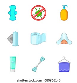 Hygiene items icons set. Cartoon set of 9 hygiene items vector icons for web isolated on white background