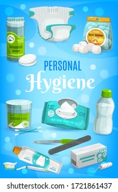 Artículos de higiene y productos de cuidado personal, jabón vectorial de baño, dentífrico y cepillo de dientes. Artículos de aseo higiénicos, pañales para bebé y toallas húmedas, tampones y toallas de algodón, archivo de manicura y lavavajillas