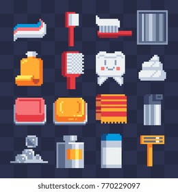 Hygiene items. Pixel art icons set. Theme of hygiene. Toothpaste and toothbrush, red soap, striped towel and shaving foam. Isolated vector illustration. Stickers design. 8-bit style.