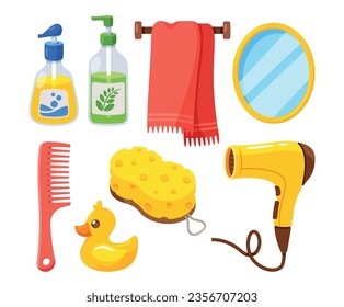 Hygiene Items Set Includes Essentials For Personal Cleanliness, Like Soap, Shampoo, And A Towel. Fan, Rubber Duck Toy