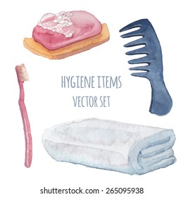 Hygiene items set. Watercolor healthcare objects. Hand drawn vector illustrations: hair comb, towel, toothbrush, soap.