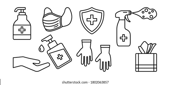 Hygiene line. Disinfectant, antiseptic, hand sanitizer bottles, medical mask, washing gel, spray, wipes, antibacterial soap, gloves, napkins. PPE personal protective equipment. Outline design. Vector