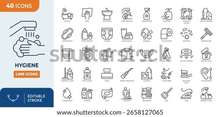 Hygiene line editable icon set. Containing cleaning, soap, disinfection, bathing, sweep, shower, washing hands, clean, sanitation, and more. Editable stroke. Vector illustration