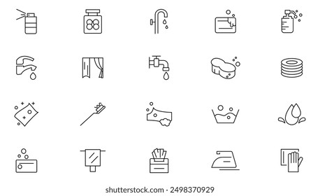 Hygieneliniensymbolsatz. Reinigung, Desinfektion, Seife, Baden, Kehren, Dusche, Desinfektion, Waschen, Kehren, Dusche, Atemmaske, antiseptische Umrisssymbol-Sammlung. Symbol für dünne Linien der Benutzeroberfläche.