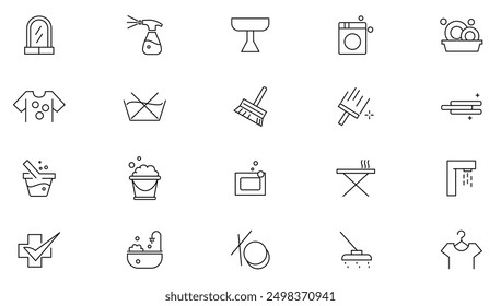 Hygieneliniensymbolsatz. Reinigung, Desinfektion, Seife, Baden, Kehren, Dusche, Desinfektion, Waschen, Kehren, Dusche, Atemmaske, antiseptische Umrisssymbol-Sammlung. Symbol für dünne Linien der Benutzeroberfläche.