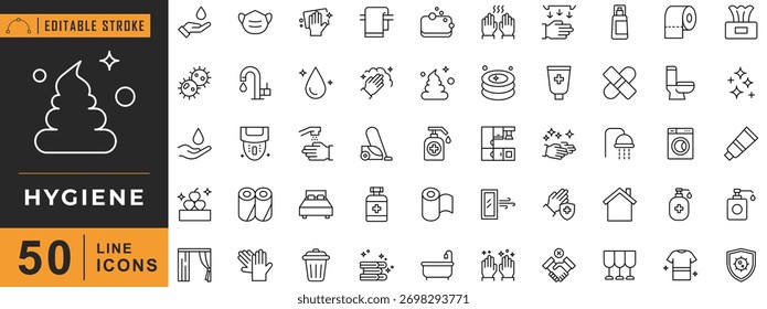 Conjunto de iconos de línea de higiene. Trazo editable. Ilustración vectorial.