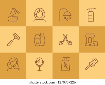 Hygiene line icon set. Shampoo, scissors, brush. Self care concept. Can be used for topics like shower, beauty care, makeup