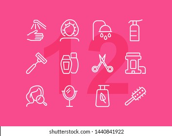 Hygiene line icon set. Shampoo, scissors, brush. Self care concept. Can be used for topics like shower, beauty care, makeup