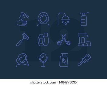 Hygiene line icon set. Shampoo, scissors, brush. Self care concept. Can be used for topics like shower, beauty care, makeup