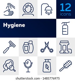 Hygiene line icon set. Shampoo, scissors, brush. Self care concept. Can be used for topics like shower, beauty care, makeup