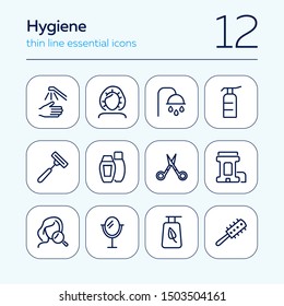 Hygiene line icon set. Shampoo, scissors, brush. Self care concept. Can be used for topics like shower, beauty care, makeup