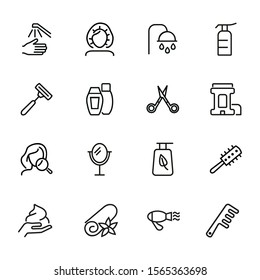 Hygiene line icon set. Shampoo, scissors, brush. Self care concept. Can be used for topics like shower, beauty care, makeup