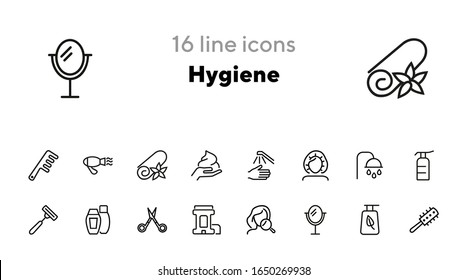 Hygiene line icon set. Shampoo, scissors, brush. Self care concept. Can be used for topics like shower, beauty care, makeup