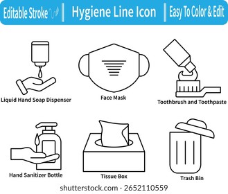 Hygiene line icon set with soap, mask, sanitizer, tissue, toothbrush, and trash bin. Editable stroke. Easy to color and customize.