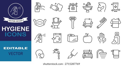 Hygiene line icons pack. Includes icons as washing hands, soap, medical mask, cleaning, bath, toothpaste, toilet paper, towel and more. Wash icon set. Vector illustration.