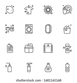 Hygiene line icons set. House cleaning linear style symbols collection, outline signs pack. vector graphics. Set includes icons as housework, dishwashing, laundry, detergent bottles, washing machine