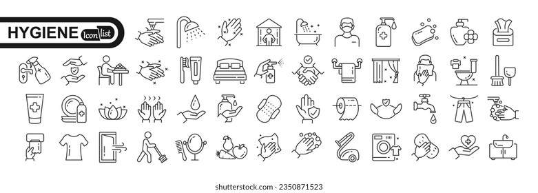 Hygiene line icons set. Washing hands, bathing, premises, soap, clean, clothing, antiseptic, respiratory mask and sanitation. Vector illustration.