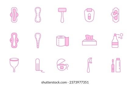 Hygiene Lineare Icons Set. Konzept der Selbstversorgung, Waschen, Reinigung, Menstruation. Symbol von Toilettenpapier, Zahnbürste, Zahnbürste, Rasierapparat, Depilator, Pads. rosafarbene Vektorgrafiken im Outline-Stil