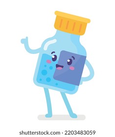 Hygiene medical liquid character. Glass jar with medicine and disinfectant. Health and skin care, advertising poster or banner for website. Medical preparations. Cartoon flat vector illustration