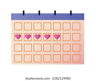 Hygiene menstrual icon. Paper Monthly calendar with critical days marked with pink hearts. Female physiological period. Design element for print. Cartoon contemporary flat vector illustration