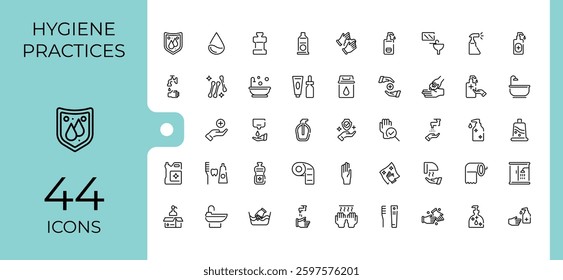 Hygiene minimal icon set. Includes thin line care, clean, sanitary, washing, antiseptic, wash, protection and more. Pixel perfect. Bath vector line icons. Vector icons editable stroke.