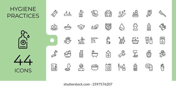 Hygiene minimal icon set. Includes thin line care, clean, sanitary, washing, antiseptic, wash, protection and more. Pixel perfect. Bath vector line icons. Vector icons editable stroke.