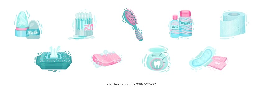 Hygiene Object and Toilet Items with Deodorant, Cotton Swabs, Brush, Shampoo, Wet Wipes and Dental Floss Vector Set