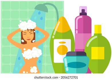 Hygiene personal care ojects. Beautiful woman showering near hygienic bath products in bathroom. Set of bodycare toiletries, soap, shampoo, shower gel. Girl bathes in foam, washing her body