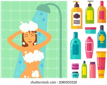 Hygiene personal care ojects. Beautiful woman showering near hygienic bath products in bathroom. Set of bodycare toiletries, soap, shampoo, shower gel. Girl bathes in foam, washing her body