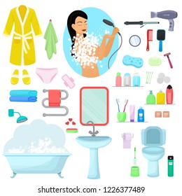 Hygiene personal care vector beautiful woman showering hygienic bath products in bathroom illustration set of bodycare toiletries soap shampoo shower gel icons isolated on white background