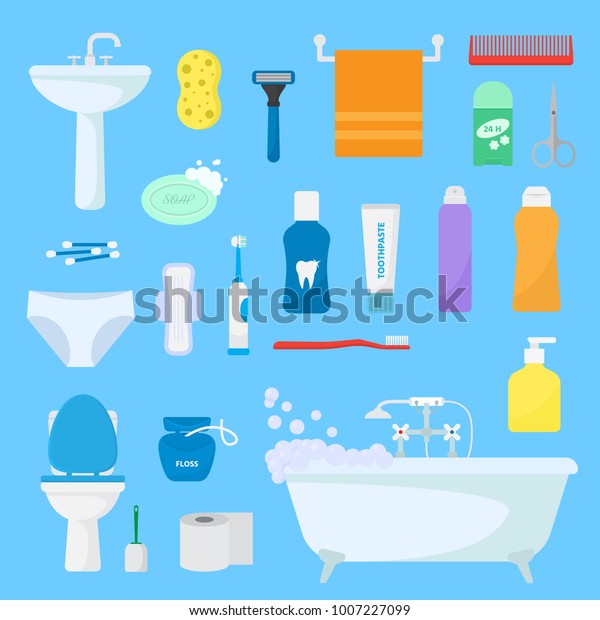 Hygiene personal care\
vector toiletries set of hygienic bath products and bathroom\
accessories soap shampoo or shower gel for bodycare icons\
illustration isolated on\
background