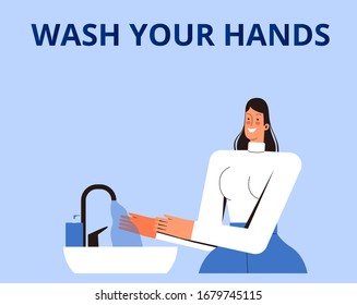 Hygiene poster. A young woman washes her hands. The concept of the fight against the new coronavirus COVID-2019