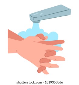 Hygiene- und Präventivmaßnahmen, Informationen über das Händewaschen mit fließendem Wasser. Sauberkeit von Handflächen und Fingern. Flüssige Blase, hygienische Prozedur zur Körperpflege und Hautpflege, Vektor in flach