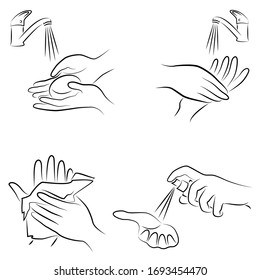 Hygiene procedure collection. Wash hands with soap under the tap, wipe with a napkin, antiseptic treatment. Vector illustration of a set.