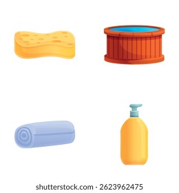 Hygiene procedure icons set cartoon vector. Bath and sauna accessory. Steam room and sauna
