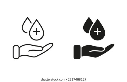 Hygiene Procedure Line and Silhouette Icon Set. Human Hand with Sanitizer Liquid Drop Symbol Collection. Hand Washing, Antiseptic Alcohol Gel Sign. Prevention Concept. Isolated Vector illustration.