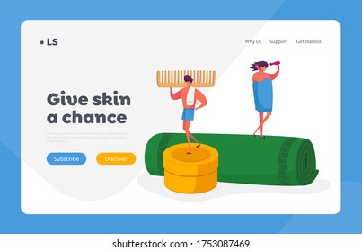 Hygiene Procedures, Body Washing Landing Page Template. Tiny Characters Stand on Huge Towel Roll, Man Holding Comb, Woman Drying Hair with Fan after Taking Shower. Cartoon People Vector Illustration