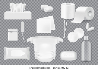 Hygiene product 3d mockups with vector soap, cotton wool, pads and swabs, paper napkins, wet wipe and toilet paper. Floss, diaper and tampon, ear plugs and bottle of micellar water. Mixed media