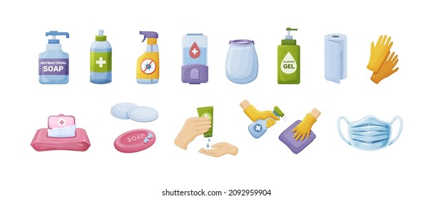 Hygiene product, protection from coronavirus. Personal tools for cleaning, washing, antibacterial protection, prevention from virus. Soap, sponge, napkin, cotton swab, face mask viral disease safety