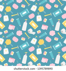 Hygiene products and accessorises vector seamless pattern. Hygiene pattern accessories, product cream and soap illustration